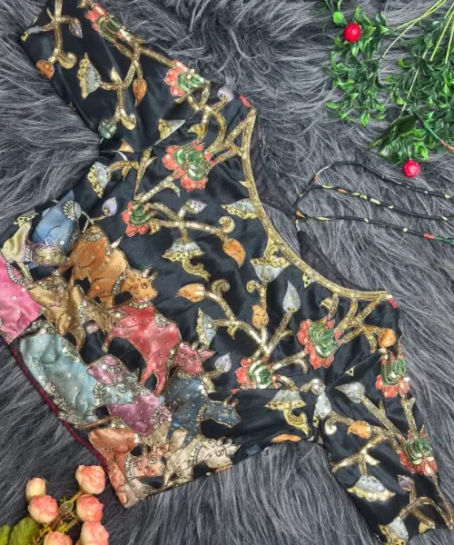 Black boat neck kalamkari with sequins and cutdhana embellishments
