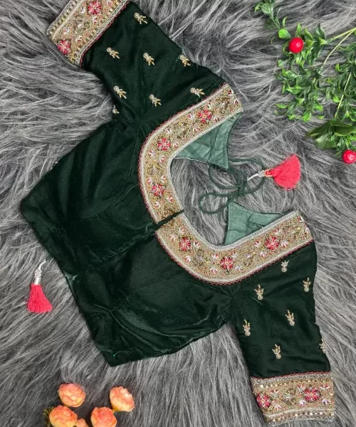 Green velvet with hand embroidery blouse