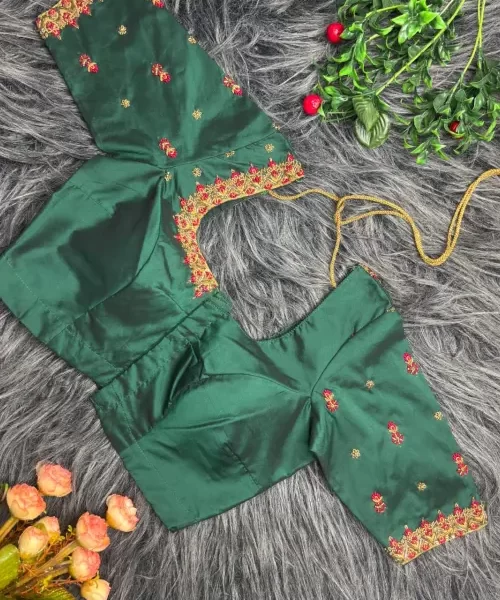 Dark green silk hand worked blouse Highlights zardosi and frenck knots