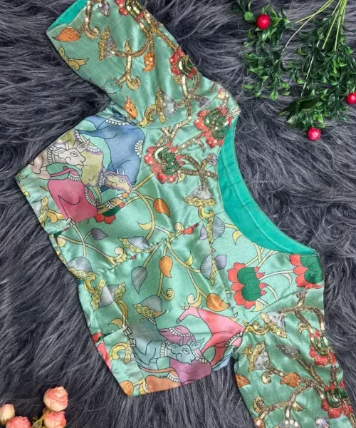 Kalamkari on silk blouse with sequin gotta and cutdhana detailing