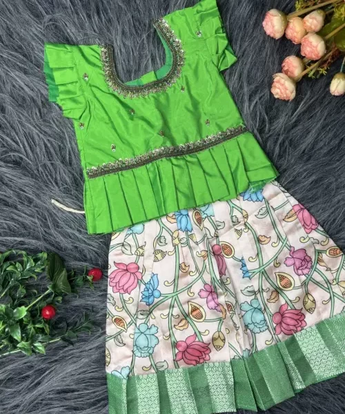 Green Kalamkari printed skirt and silk top