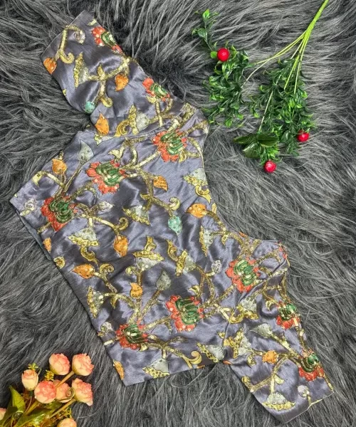 Grey Kalamkari on silk blouse with sequin gotta and cutdhana