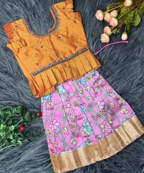 Orange Kalamkari printed skirt and silk top